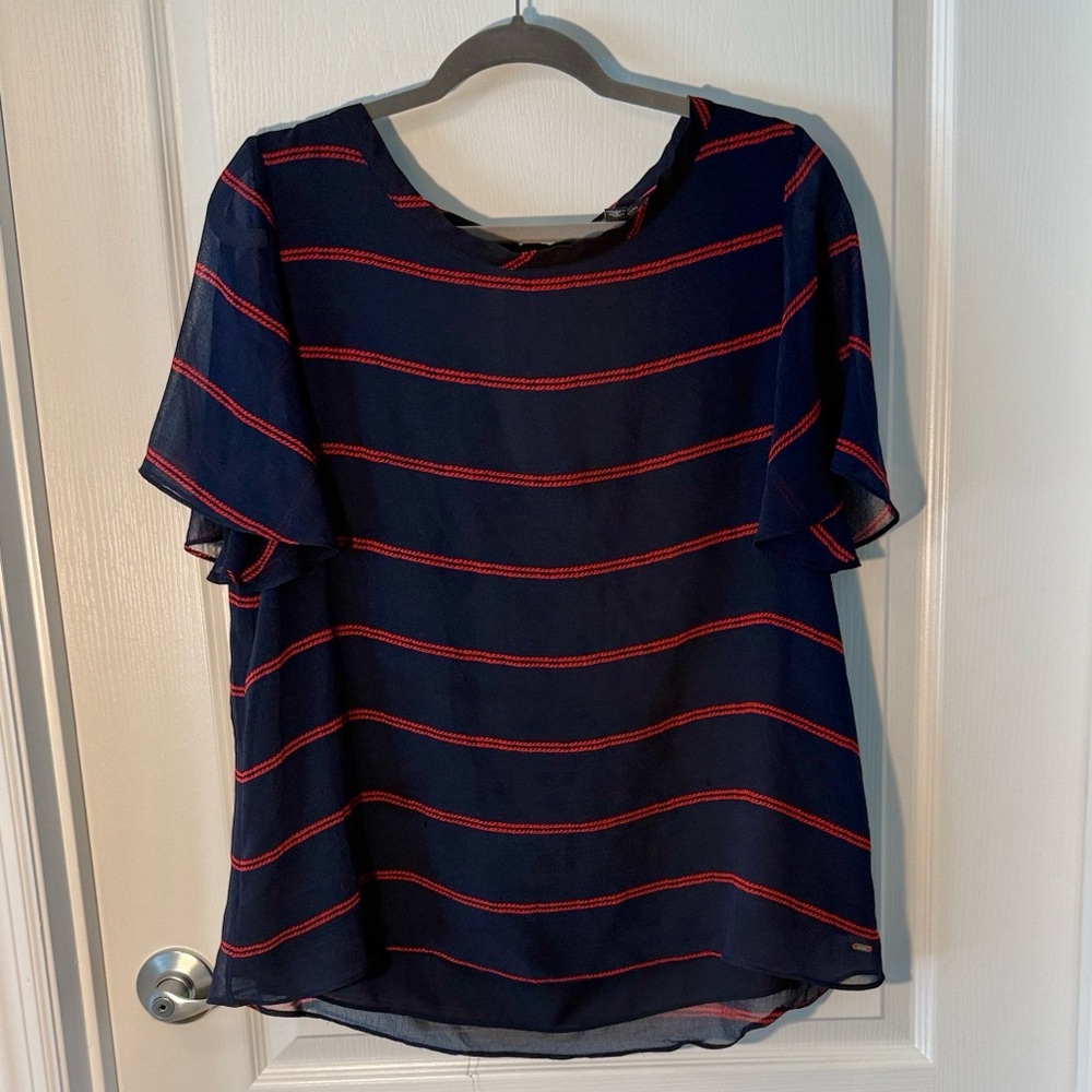 Tommy Hilfiger Navy and Red Women's Blouse Bow in Back Size XL